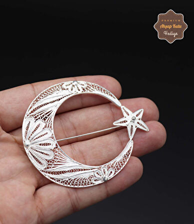 Büyük Ay Yıldız Model 925 Ayar Gümüş Saf Süper Telkari Kadın Broş 201024628