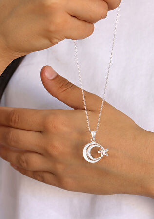 Ay Yıldız Orta Boy Model 925 Ayar Saf Gümüş Telkari Kadın Kolye 201024645