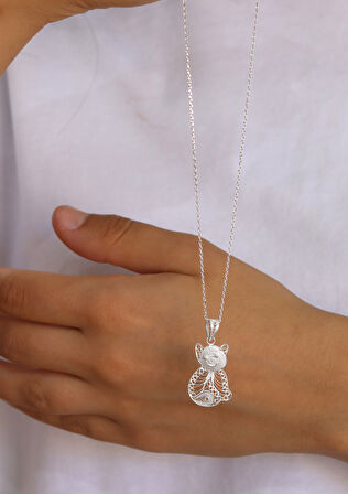 Kedi Model 925 Ayar Saf Gümüş Telkari Kadın Kolye 201024650