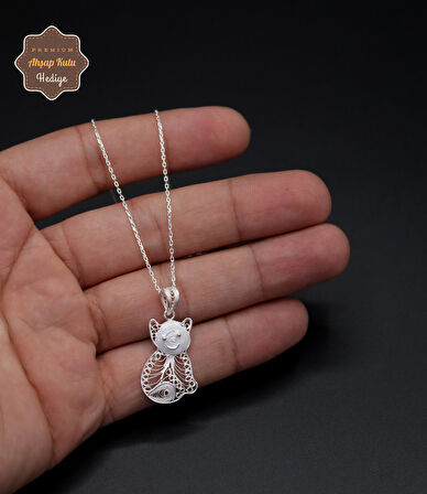 Kedi Model 925 Ayar Saf Gümüş Telkari Kadın Kolye 201024650