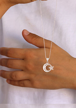 Ay Yıldız Küçük Boy Model 925 Ayar Saf Gümüş Telkari Kadın Kolye 201024655