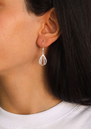 Sallantılı İşlemeli Damla Model 925 Ayar Gümüş Telkari Kadın Küpe 201024667