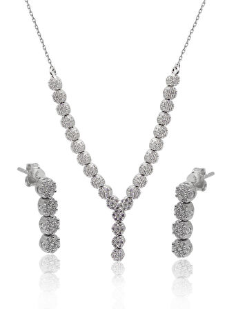 Zirkon Taşlı Yuvarlak Model 925 Ayar Gümüş İkili Set 201024691