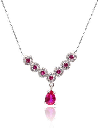 Yakut Taşlı Damla Tasarım 925 Ayar Gümüş Kadın Kolye 201024692