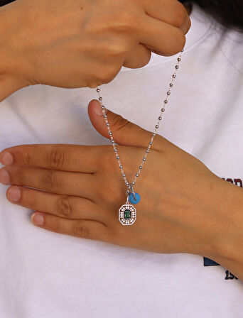 Zümrüt Taşlı Boncuklu Top Model 925 Ayar Gümüş Kadın Kolye 201024693