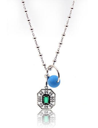 Zümrüt Taşlı Boncuklu Top Model 925 Ayar Gümüş Kadın Kolye 201024693