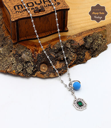 Zümrüt Taşlı Boncuklu Top Model 925 Ayar Gümüş Kadın Kolye 201024693