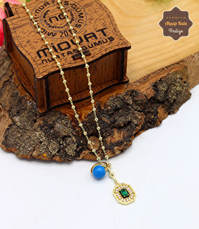 Zümrüt Taşlı Boncuklu Top Model Gold Kaplama 925 Ayar Gümüş Kadın Kolye 201024694