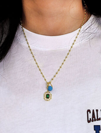 Zümrüt Taşlı Boncuklu Top Model Gold Kaplama 925 Ayar Gümüş Kadın Kolye 201024694