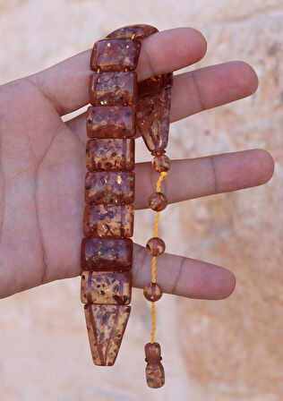 Kahverengi Altın Parçacıklı Düz Kesim Toz Kehribar Balık Tesbih 201024699