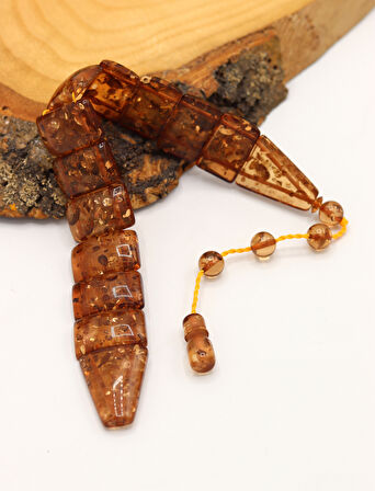 Kahverengi Altın Parçacıklı Düz Kesim Toz Kehribar Balık Tesbih 201024699