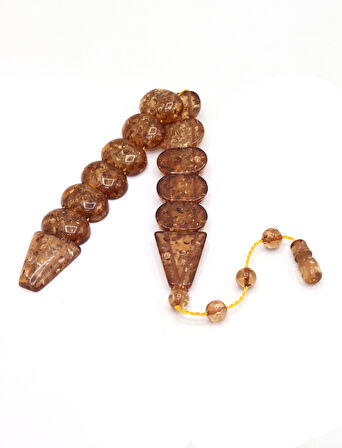 Kahverengi Altın Parçacıklı Oval Kesim Toz Kehribar Balık Tesbih 201024700