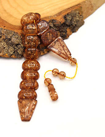 Kahverengi Altın Parçacıklı Oval Kesim Toz Kehribar Balık Tesbih 201024700