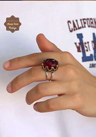 Yakut Taşlı Fasata Kesim Eskitilmiş El işi Gümüş Kadın Yüzük 201024707