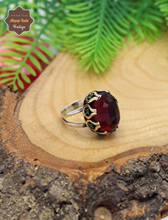 Yakut Taşlı Fasata Kesim Eskitilmiş El işi Gümüş Kadın Yüzük 201024707