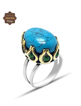 Firuze ve Zümrüt Taşlı El işçiliği Otantik Gümüş Kadın Yüzük 201024718