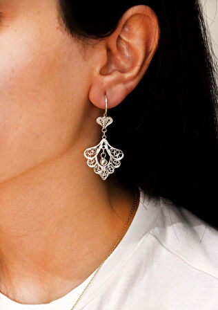 Sallantılı Yaprak Tasarım 925 Ayar Gümüş Telkari Kadın Küpe 201024719