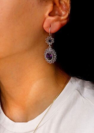 Ametist Taşlı Sallantılı Oval Model 925 Ayar Gümüş Telkari Kadın Küpe 201024720