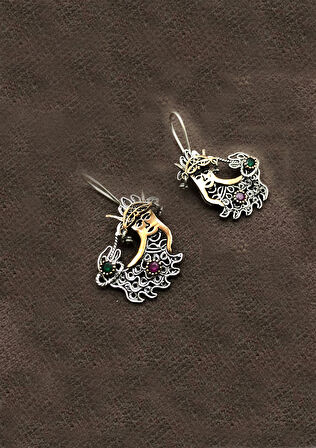 Yakut ve Zümrüt Taşlı Şahmeran Model 925 Ayar Gümüş Telkari Kadın Küpe 201024737