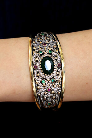 Zümrüt Taşlı Zirkon Süsleme El işi Gümüş Kadın Bilezik 201024740