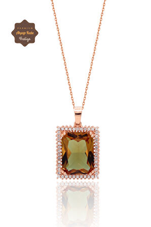 Zultanit Taşlı Dikdörtgen Model Rose Kaplama Gümüş Kolye 201024752