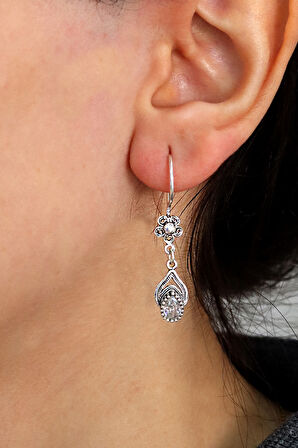 Zirkon Taşlı Damla Model Oksitli Telkari Gümüş Küpe 201024767