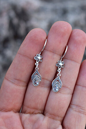 Zirkon Taşlı Damla Model Oksitli Telkari Gümüş Küpe 201024767