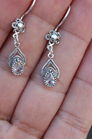 Zirkon Taşlı Damla Model Oksitli Telkari Gümüş Küpe 201024767