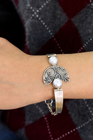 Sedef Taşlı  İşlemeli El işi Gümüş Otantik Kadın Bilezik 201024769