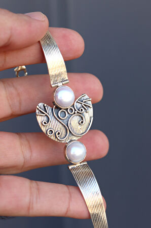 Sedef Taşlı  İşlemeli El işi Gümüş Otantik Kadın Bilezik 201024769