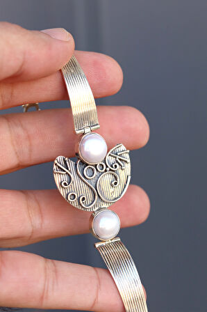 Sedef Taşlı  İşlemeli El işi Gümüş Otantik Kadın Bilezik 201024769