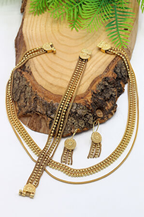 Sıralı Toplu Altın Kaplama 925 Ayar Gümüş Bayan Hasır Üçlü Set 201024776