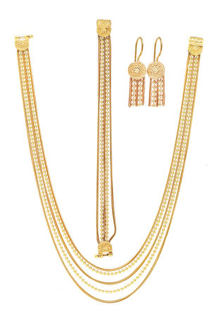 Sıralı Toplu Altın Kaplama 925 Ayar Gümüş Bayan Hasır Üçlü Set 201024776