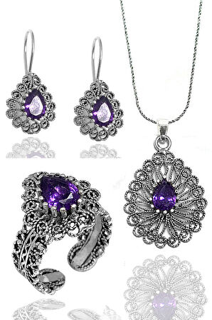 Ametist Taşlı Damla Model Kadın 925 Ayar Gümüş Telkari Üçlü Set 201024778