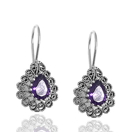 Ametist Taşlı Damla Model Kadın 925 Ayar Gümüş Telkari Üçlü Set 201024778