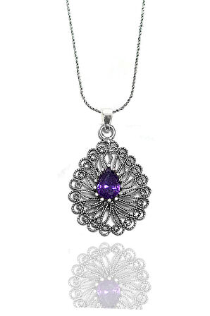 Ametist Taşlı Damla Model Kadın 925 Ayar Gümüş Telkari Üçlü Set 201024778