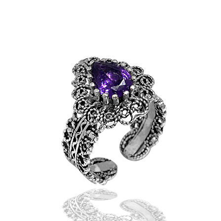 Ametist Taşlı Damla Model Kadın 925 Ayar Gümüş Telkari Üçlü Set 201024778