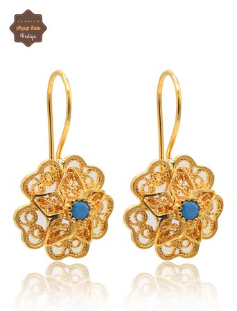 Firuze Taşlı Gül Model Kadın Gold Kaplama 925 Ayar Gümüş Telkari Üçlü Set 201025482