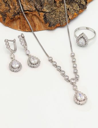 Zirkon Taşlı Damla Model 925 Ayar Gümüş Kadın Üçlü Set 201025665
