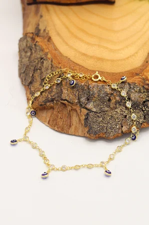 Zirkon Taşlı Lacivert Nazar Boncuklu Model Gold Renk 925 Ayar Gümüş Kadın Halhal 201025740