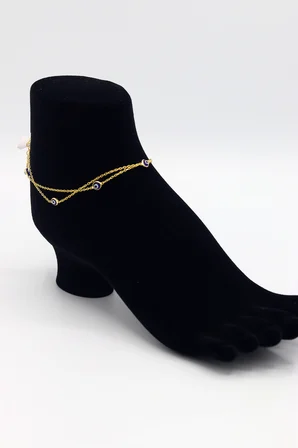 Çift Zincirli Lacivert Nazar Boncuklu Model Gold Renk 925 Ayar Gümüş Kadın Halhal 201025742