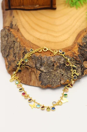 Sıra Taşlı Kelebek Kalp Anahtar Model Gold Renk 925 Ayar Gümüş Kadın Halhal 201025743