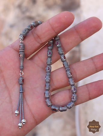 Kırmızı Kapsül Kesim 925 Ayar Gümüş Oksitli Midyat Telkari El İşçiliği Tesbih 201025863