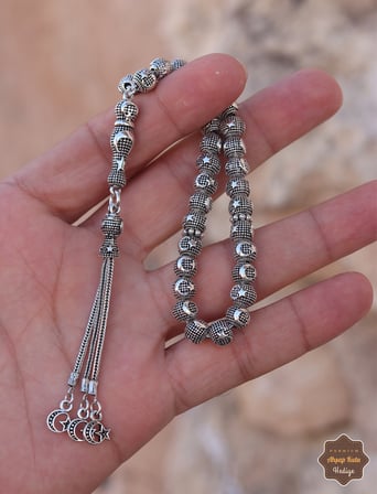 Ay yıldız İşlemeli Küre Kesim 925 Ayar Gümüş Oksitli Midyat Telkari El İşçiliği Tesbih 201025864