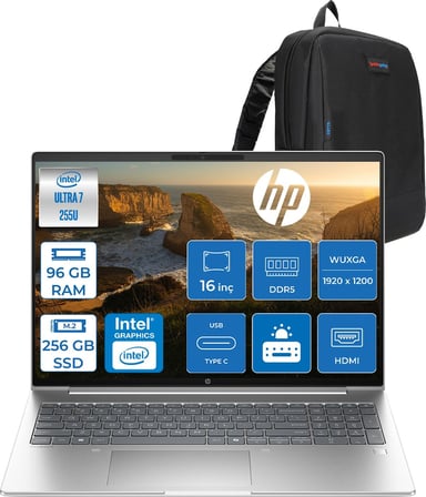 Hp Probook 4 G1I Intel® Core Ultra 7 255U Aı 96GB Ddr5 256GB SSD Intel® Grafik 16" Wuxga (1920 x 1200), IPS,300 Nits Freedos Taşınabilir Bilgisayar C9FY2ETF26+ZETTAÇANTA