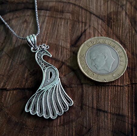 Tavus Kuşu Model Midyat Telkari El İşçiliği Oksitli Gümüş Kadın Kolye