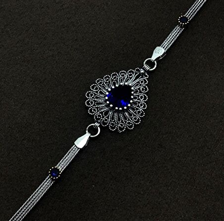 Damla Model Safir Taşlı Gümüş Oksitli Telkari Kadın Bileklik