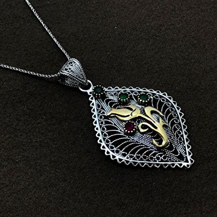 Lale İşlemeli Gümüş Oksitli Telkari Kadın Kolye