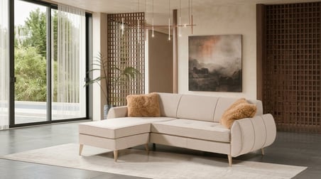 Venev Siena Köşe Koltuk Takımı Krem Kahve Pamuklu Kumaş Metal Ayaklı