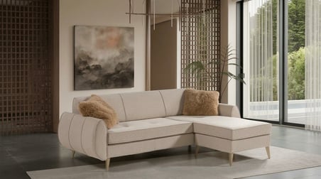 Venev Siena Köşe Koltuk Takımı Krem Kahve Pamuklu Kumaş Metal Ayaklı